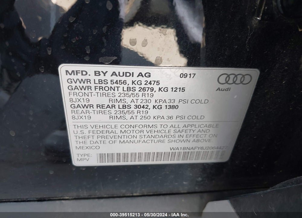 2018 AUDI Q5 2.0T PREMIUM/2.0T TECH PREMIUM VIN: WA1BNAFY6J2064427