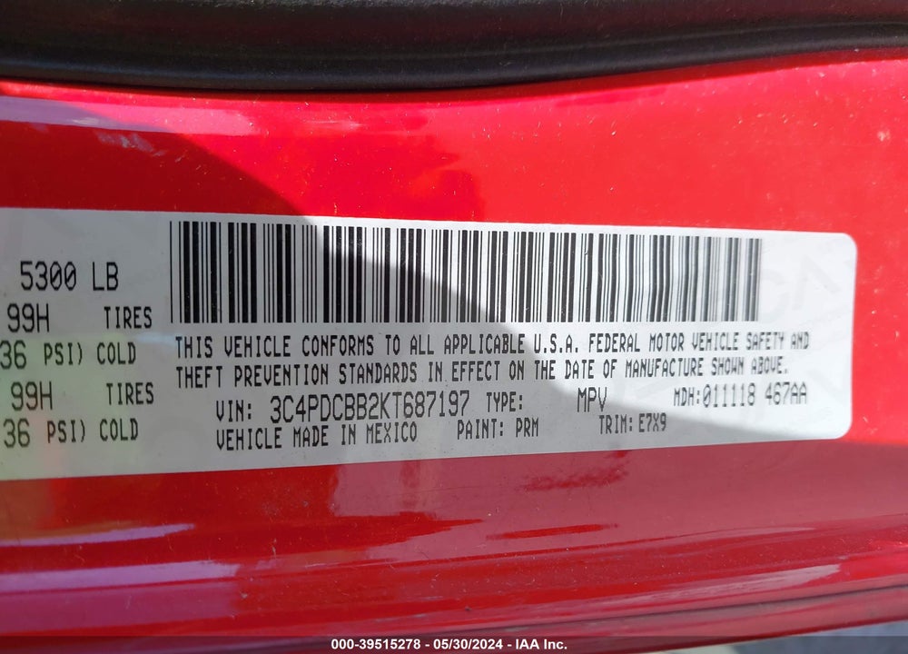 2019 DODGE JOURNEY SE VIN: 3C4PDCBB2KT687197