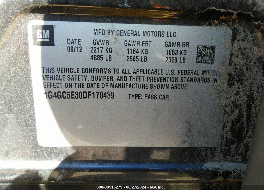 2013 BUICK LACROSSE LEATHER GROUP VIN: 1G4GC5E30DF170489
