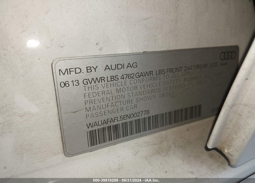 2014 AUDI A4 2.0T PREMIUM VIN: WAUAFAFL5EN002778
