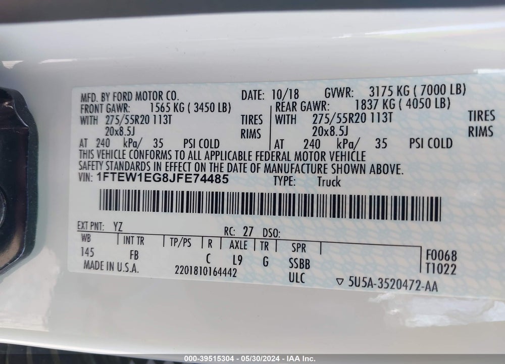 2018 FORD F-150 XLT VIN: 1FTEW1EG8JFE74485