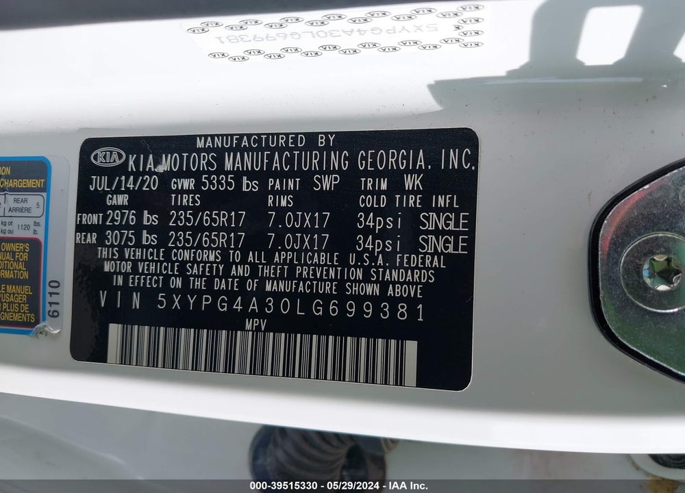 2020 KIA SORENTO 2.4L L VIN: 5XYPG4A30LG699381