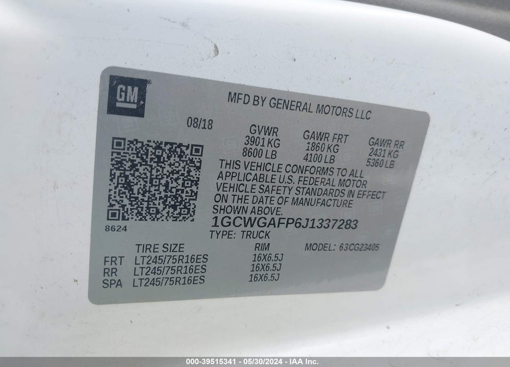 2018 CHEVROLET EXPRESS 2500 WORK VAN VIN: 1GCWGAFP6J1337283