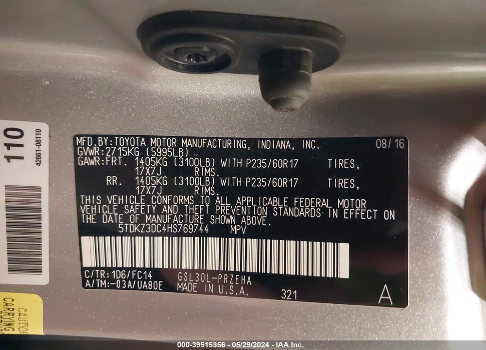 2017 TOYOTA SIENNA LE 8 PASSENGER VIN: 5TDKZ3DC4HS769744