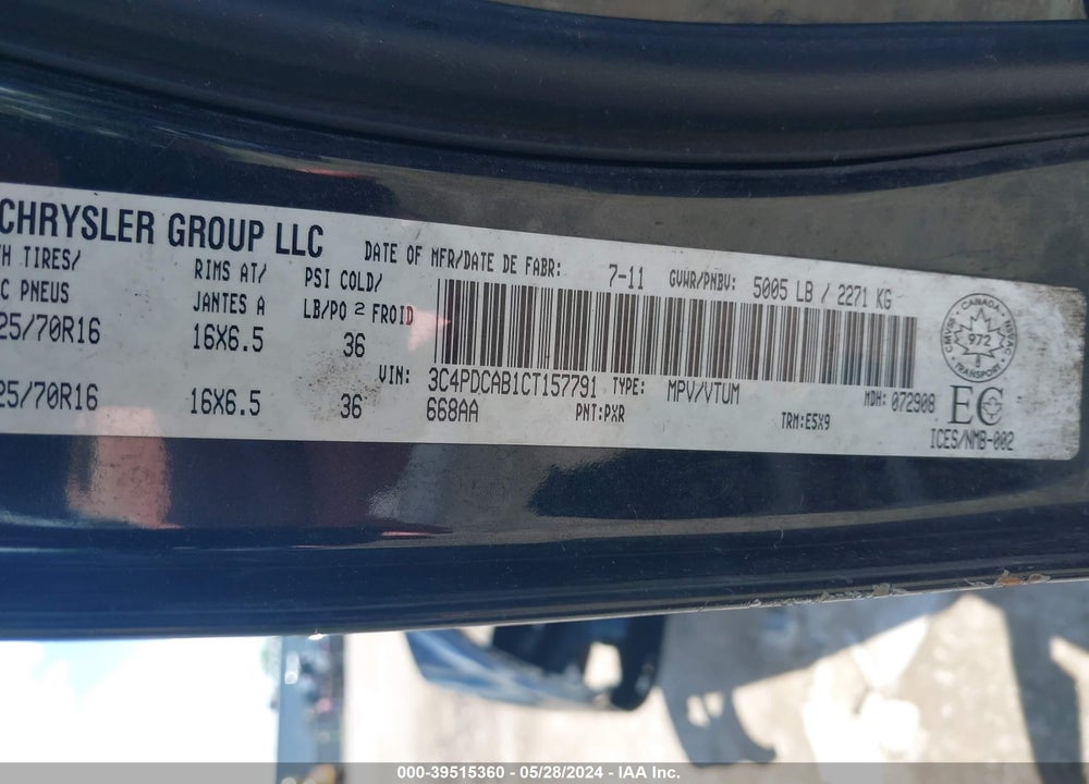 2012 DODGE JOURNEY VIN: 3C4PDCAB1CT157791