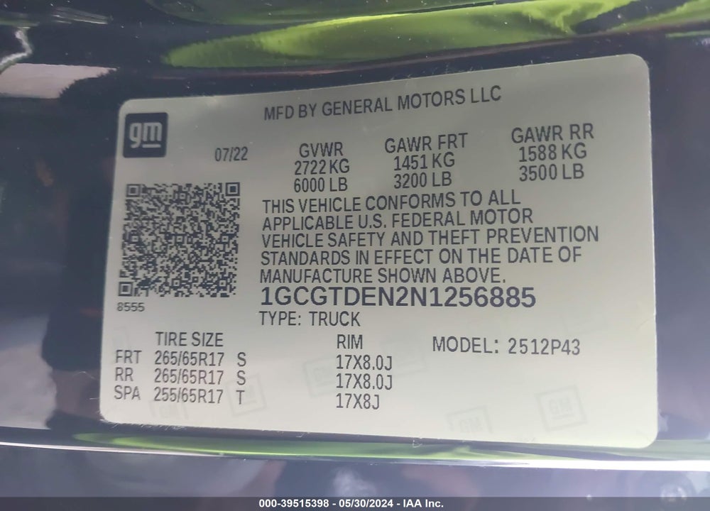 2022 CHEVROLET COLORADO 4WD SHORT BOX Z71 VIN: 1GCGTDEN2N1256885