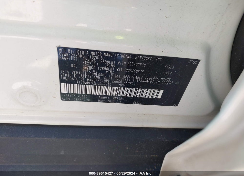 2020 TOYOTA RAV4 LIMITED HYBRID VIN: 4T3DWRFVXLU008310