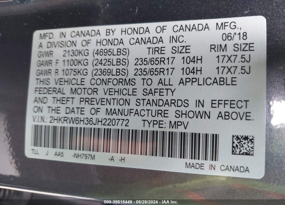 2018 HONDA CR-V LX VIN: 2HKRW6H36JH220772