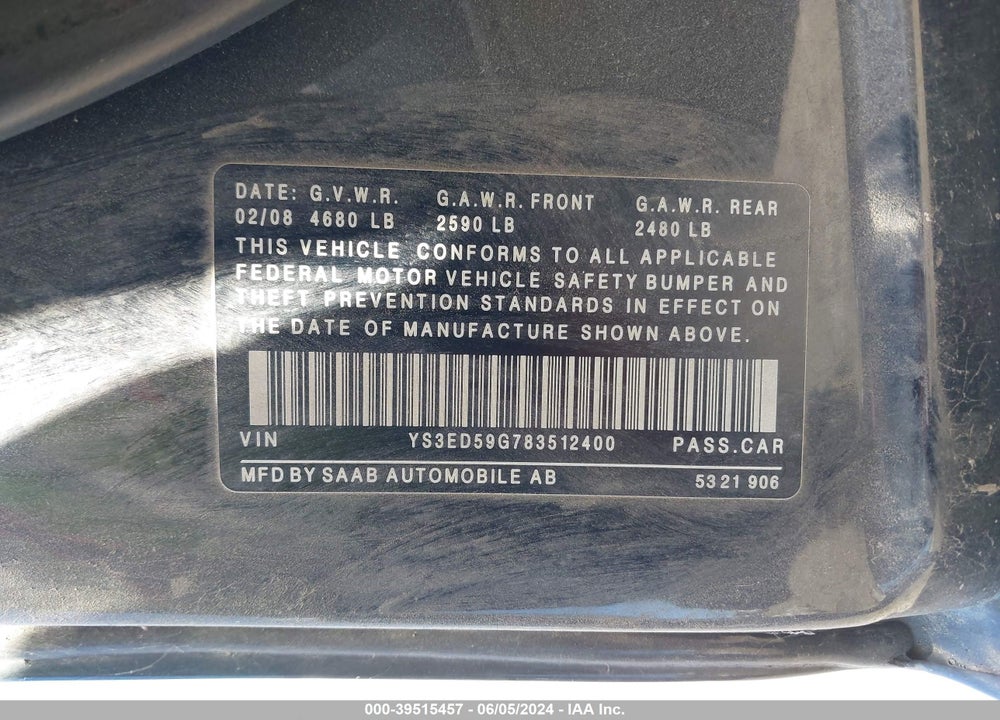 2008 SAAB 9-5 VIN: YS3ED59G783512400