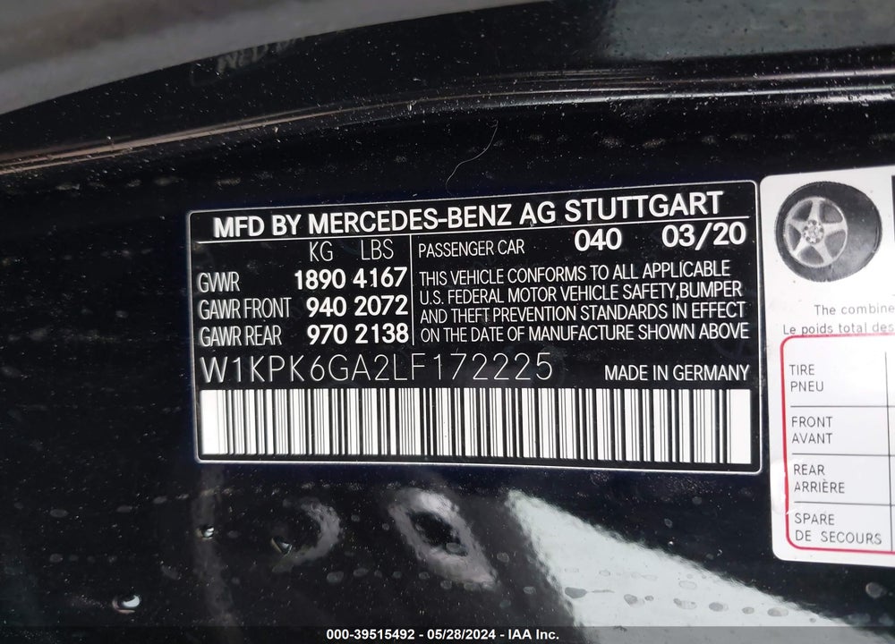 2020 MERCEDES-BENZ AMG SLC 43 VIN: W1KPK6GA2LF172225