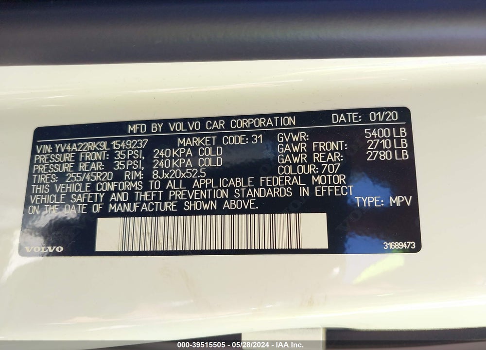 2020 VOLVO XC60 T6 MOMENTUM VIN: YV4A22RK9L1549237
