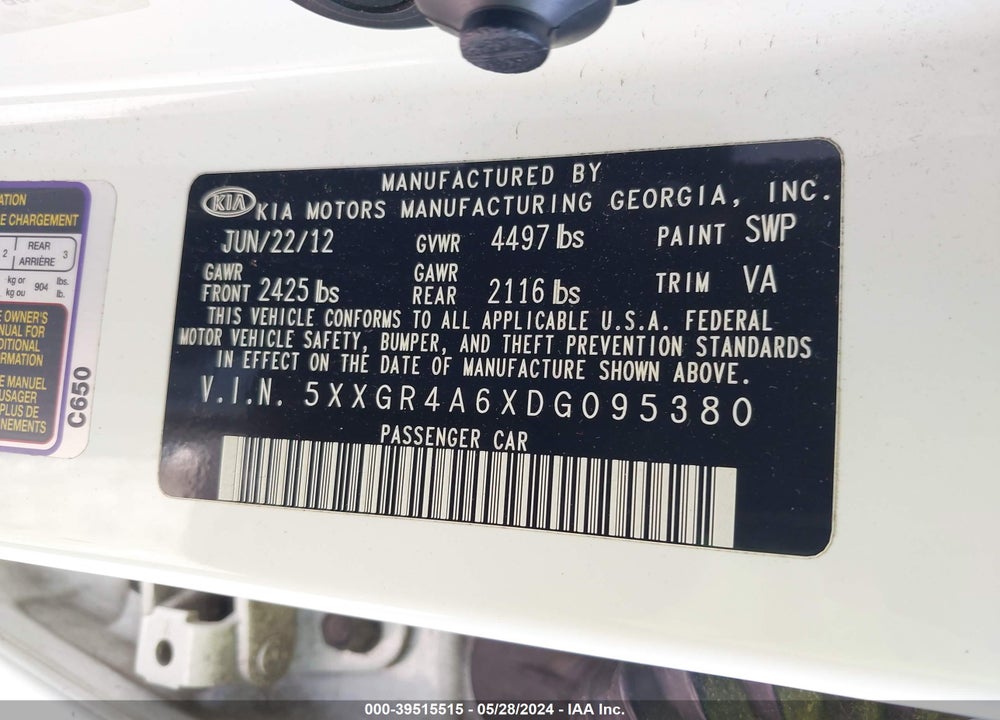 2013 KIA OPTIMA SX VIN: 5XXGR4A6XDG095380