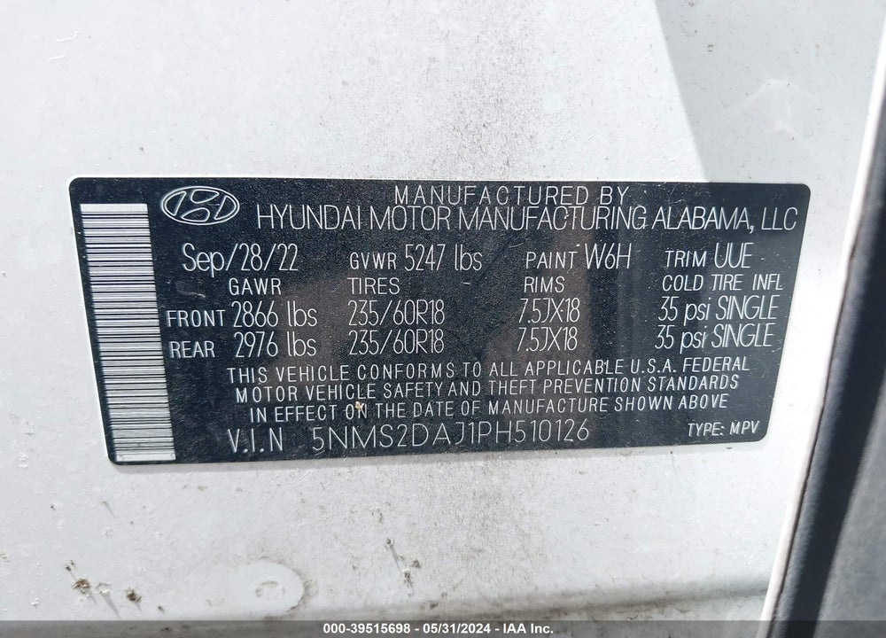 2023 HYUNDAI SANTA FE SEL VIN: 5NMS2DAJ1PH510126