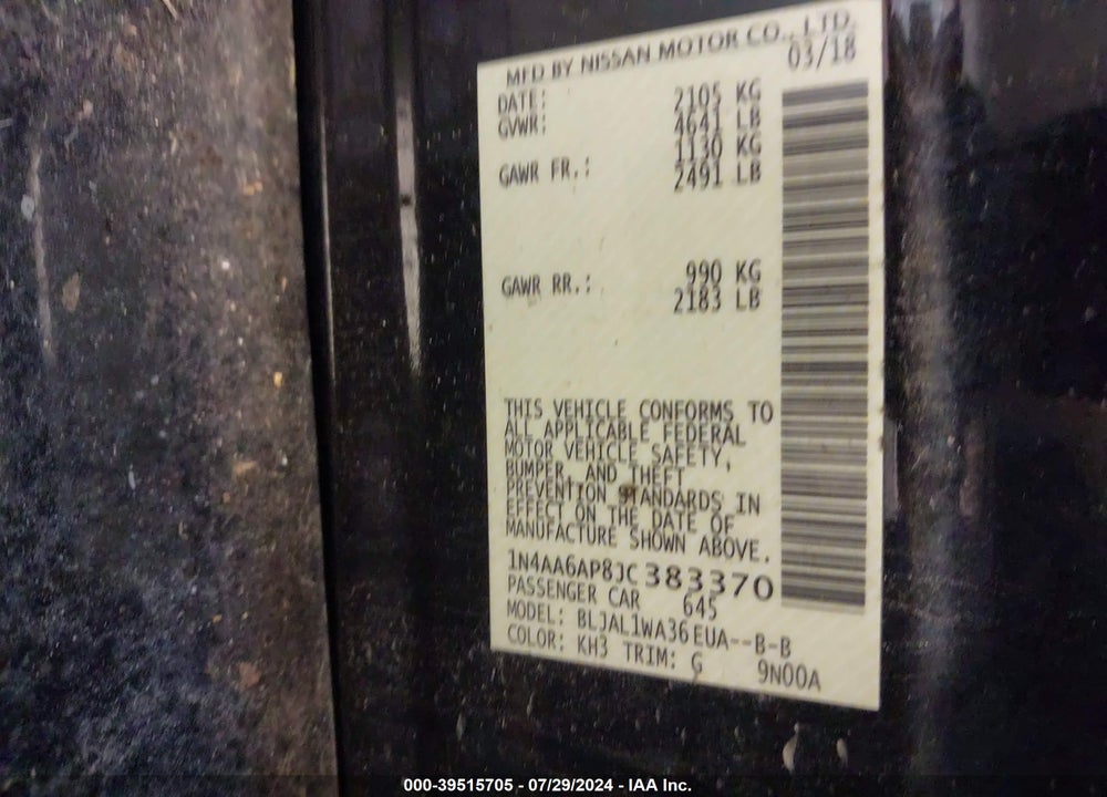 2018 NISSAN MAXIMA 3.5 SR VIN: 1N4AA6AP8JC383370