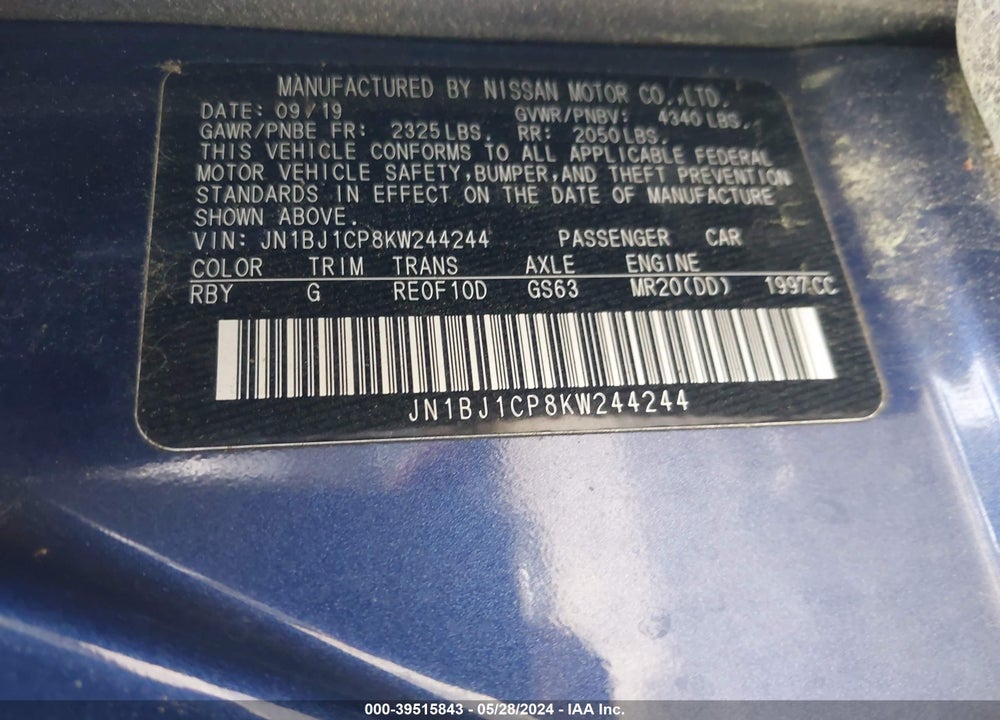 2019 NISSAN ROGUE SPORT S VIN: JN1BJ1CP8KW244244