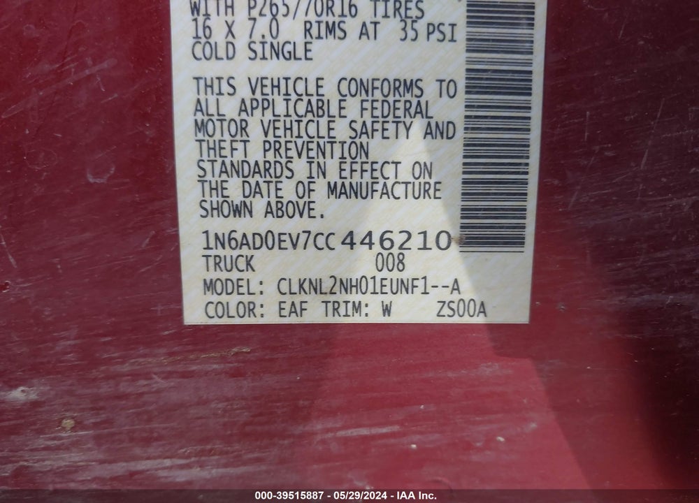 2012 NISSAN FRONTIER SV VIN: 1N6AD0EV7CC446210