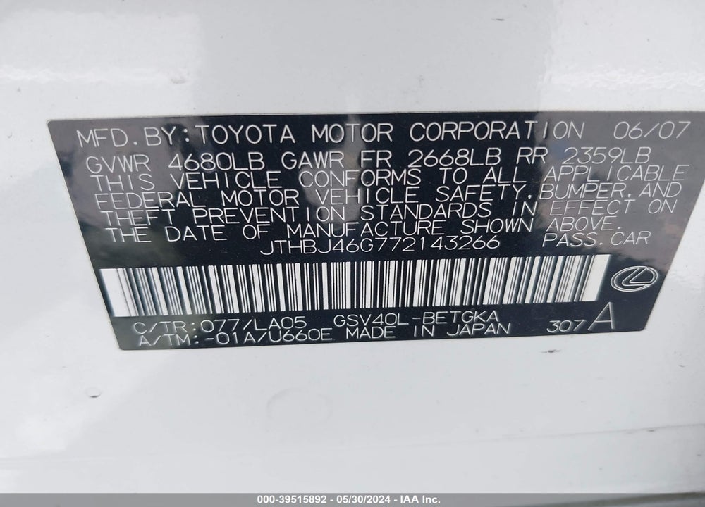2007 LEXUS ES 350 VIN: JTHBJ46G772143266