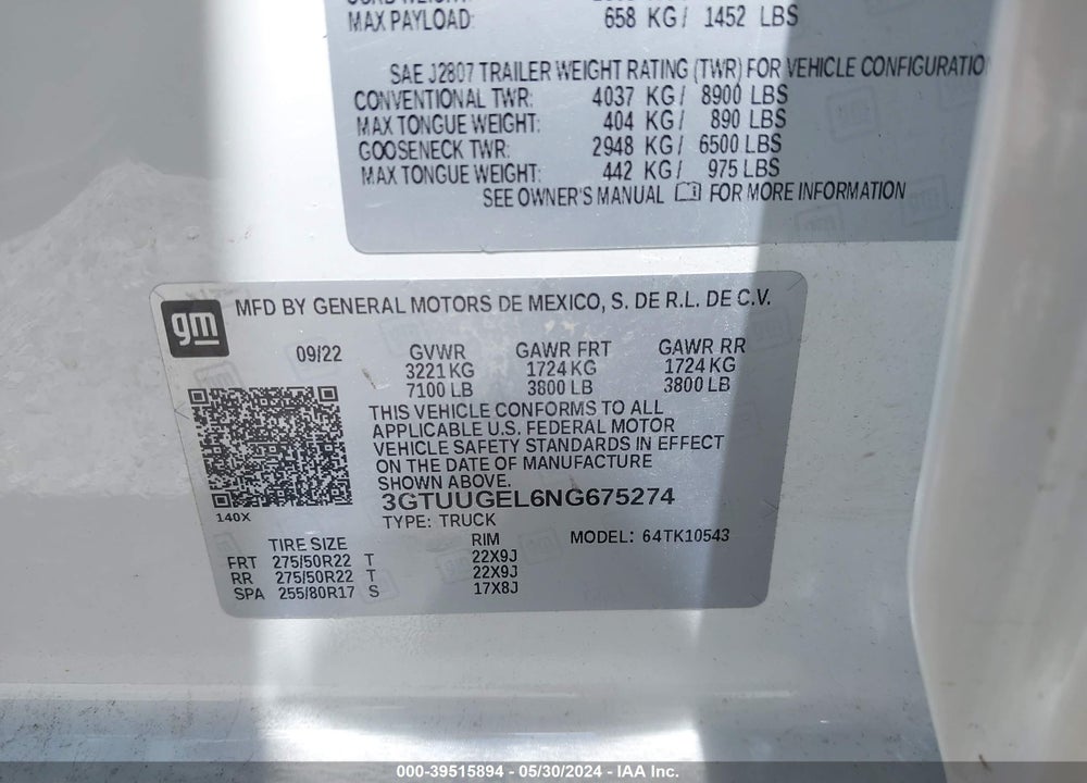 2022 GMC SIERRA 1500 4WD SHORT BOX DENALI VIN: 3GTUUGEL6NG675274