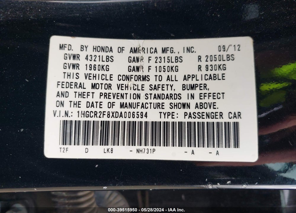 2013 HONDA ACCORD EX-L VIN: 1HGCR2F8XDA006594