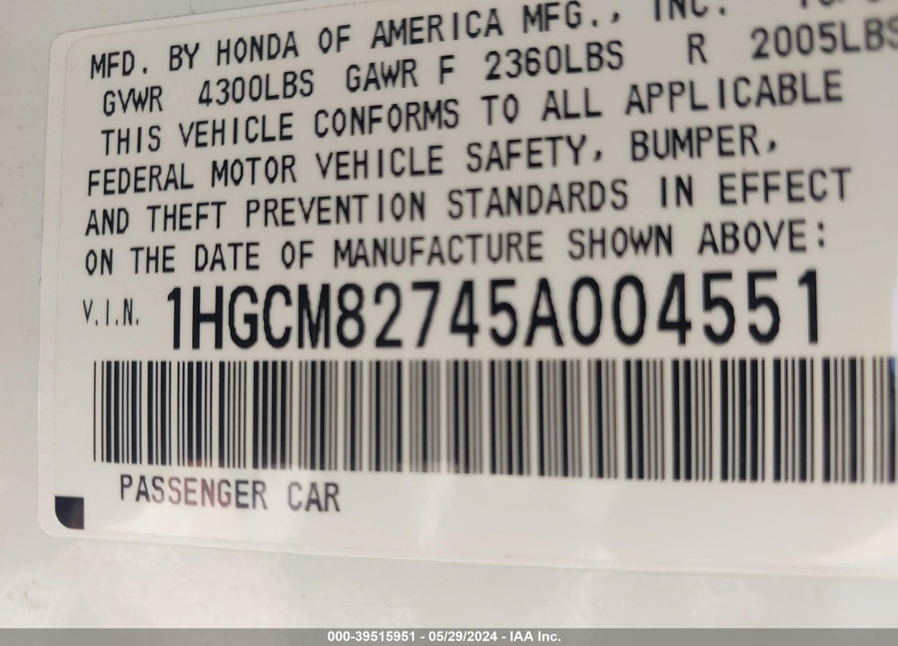 2005 HONDA ACCORD 3.0 EX VIN: 1HGCM82745A004551