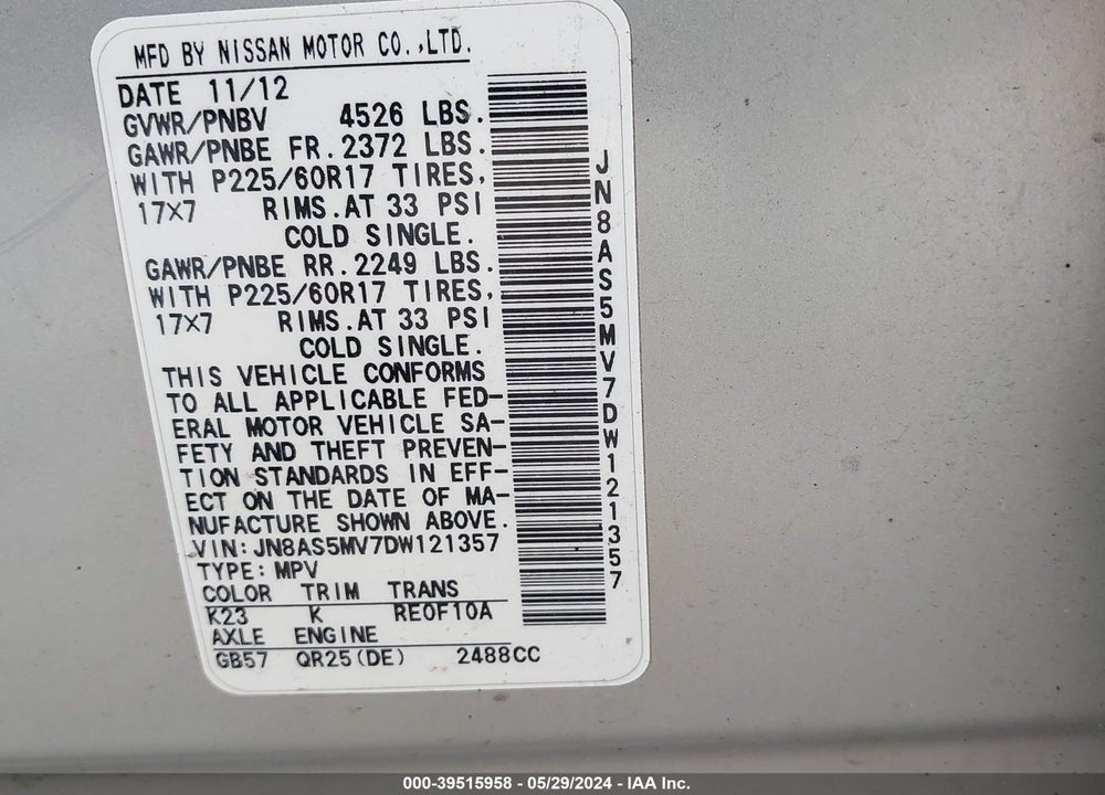 2013 NISSAN ROGUE SV VIN: JN8AS5MV7DW121357