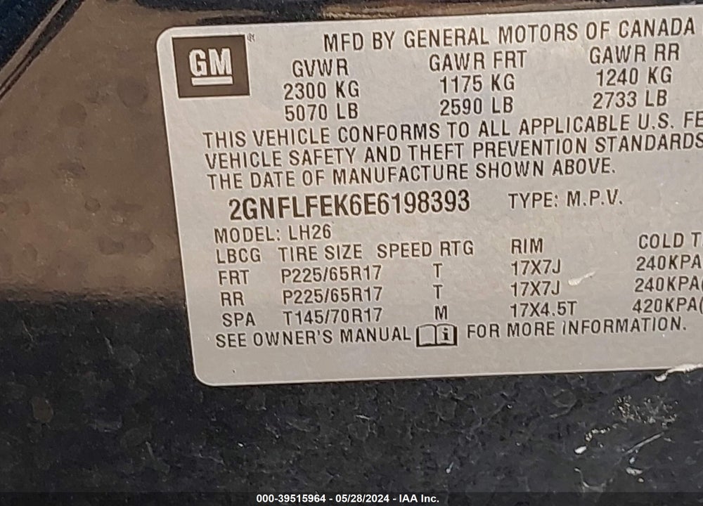 2014 CHEVROLET EQUINOX 1LT VIN: 2GNFLFEK6E6198393