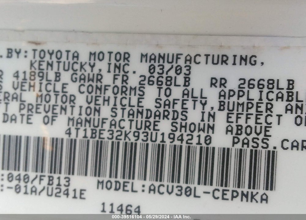 2003 TOYOTA CAMRY LE VIN: 4T1BE32K93U194210