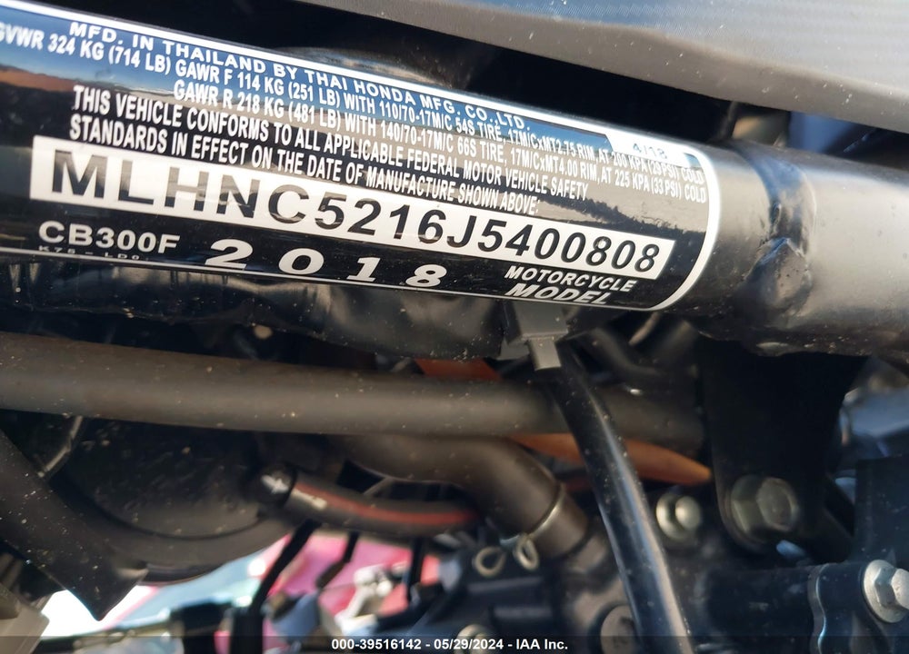 2018 HONDA CB300 F VIN: MLHNC5216J5400808
