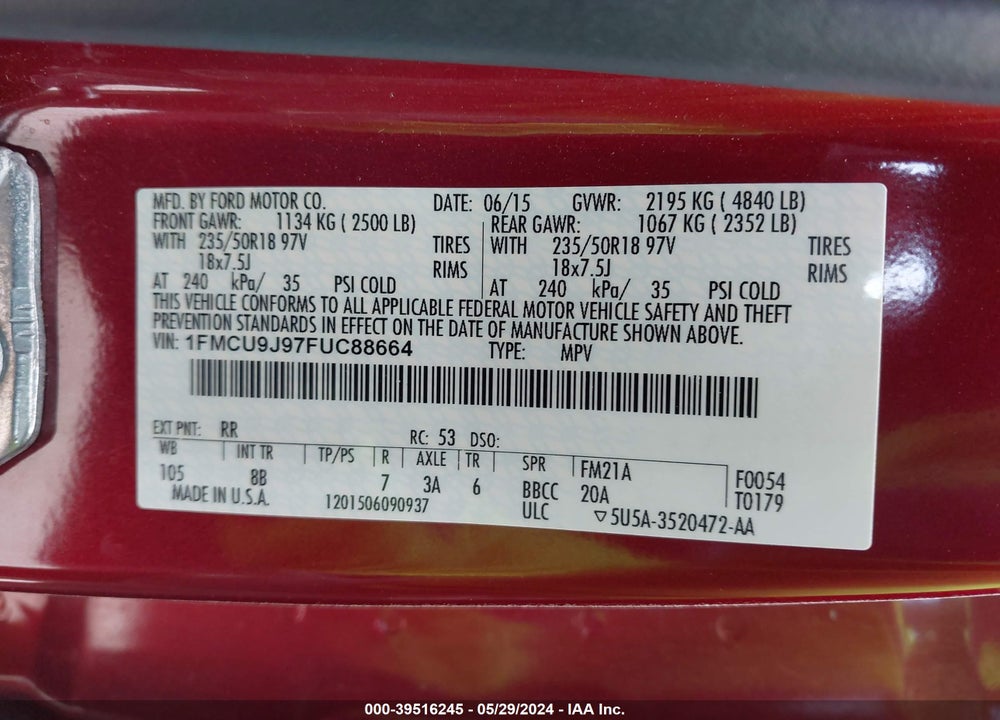 2015 FORD ESCAPE TITANIUM VIN: 1FMCU9J97FUC88664