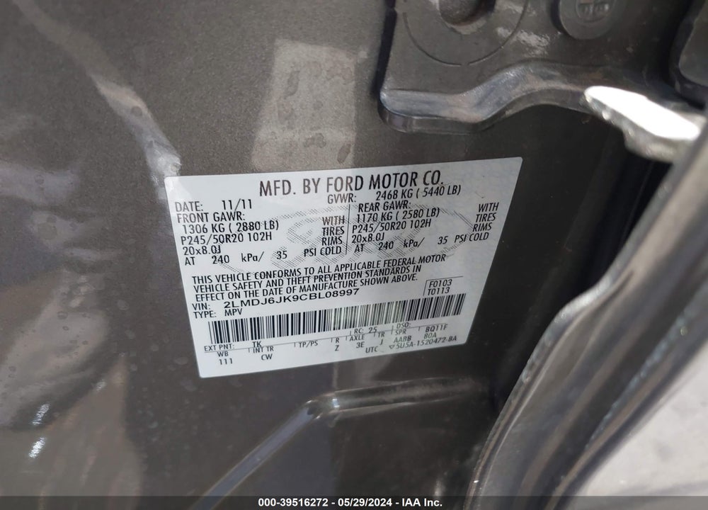 2012 LINCOLN MKX VIN: 2LMDJ6JK9CBL08997