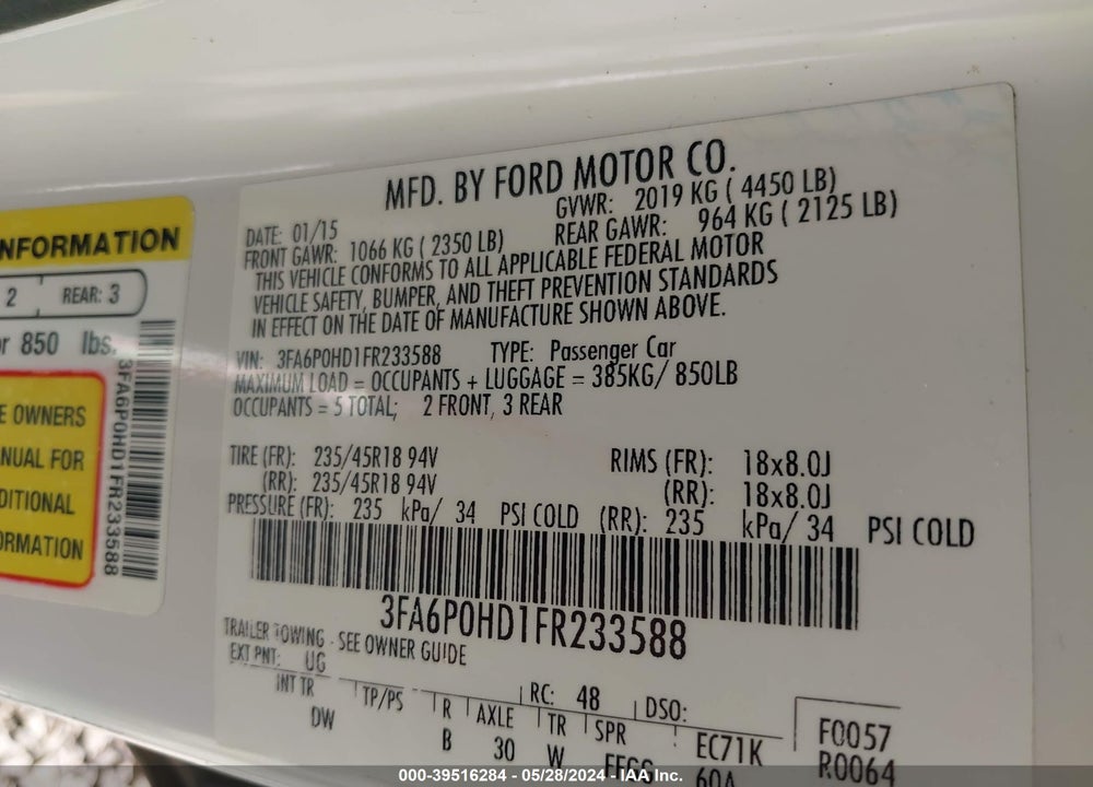 2015 FORD FUSION SE VIN: 3FA6P0HD1FR233588