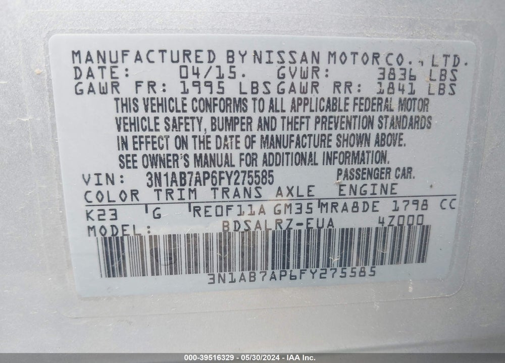 2015 NISSAN SENTRA SR VIN: 3N1AB7AP6FY275585