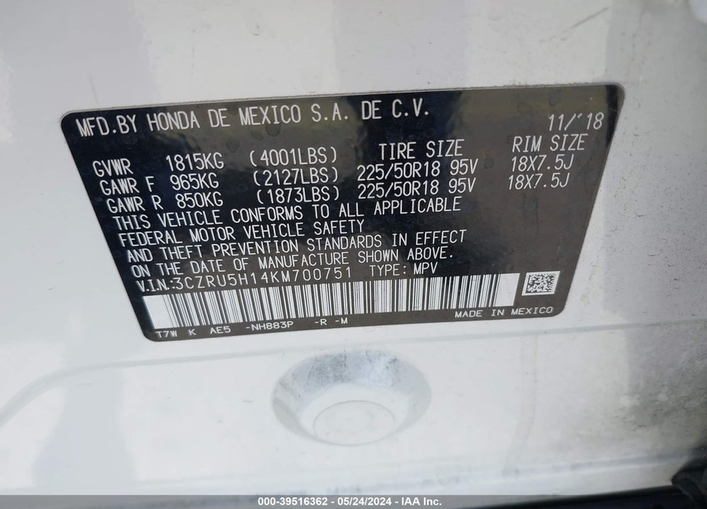 2019 HONDA HR-V SPORT VIN: 3CZRU5H14KM700751