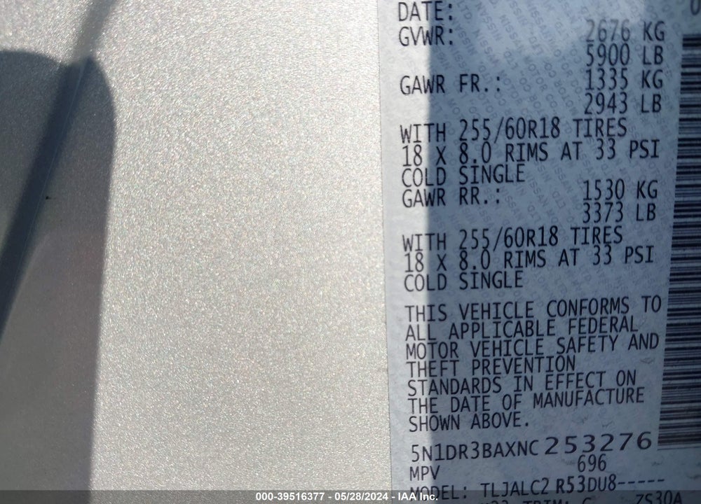 2022 NISSAN PATHFINDER SV 2WD VIN: 5N1DR3BAXNC253276