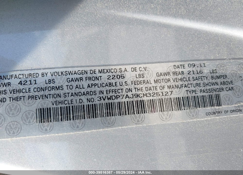 2012 VOLKSWAGEN JETTA 2.5L SE VIN: 3VWDP7AJ9CM325127