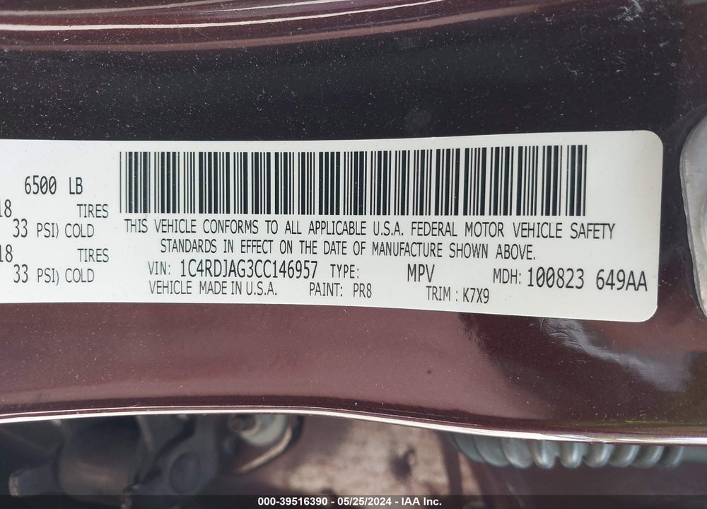2012 DODGE DURANGO SXT VIN: 1C4RDJAG3CC146957