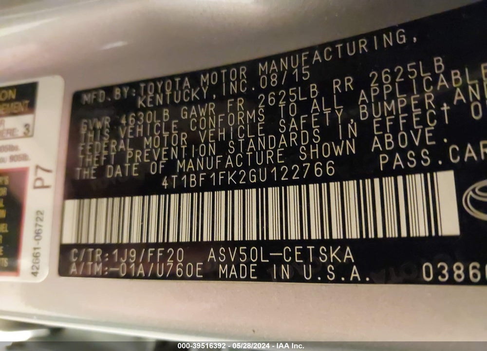 2016 TOYOTA CAMRY SE VIN: 4T1BF1FK2GU122766