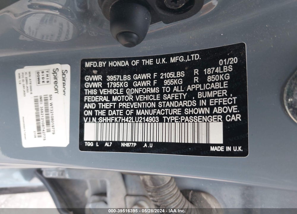2020 HONDA CIVIC SPORT VIN: SHHFK7H42LU214903