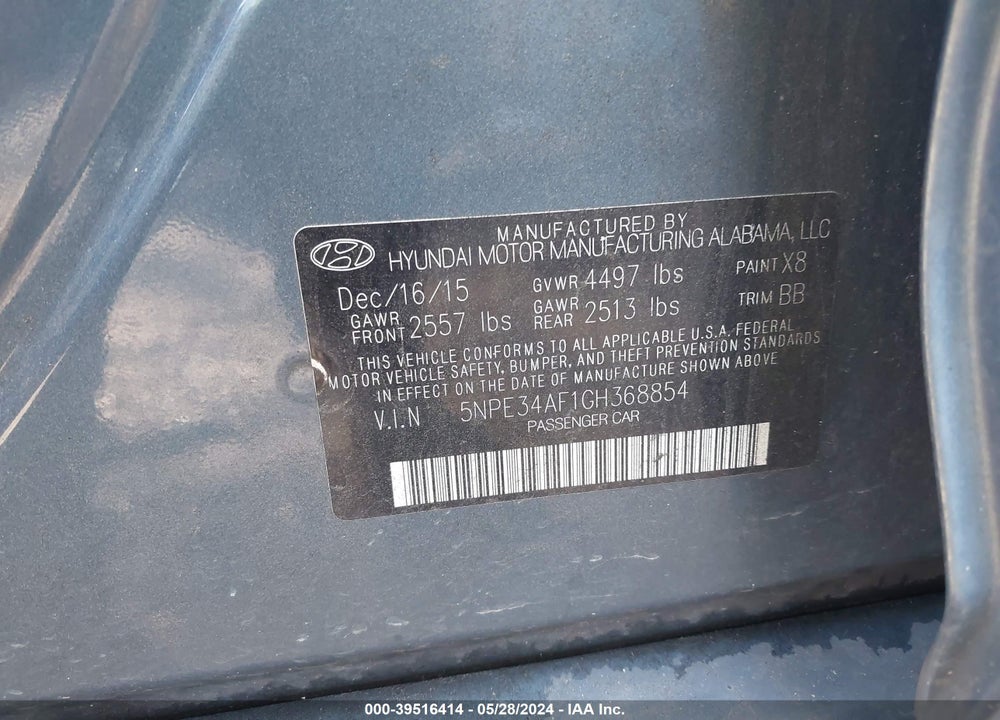 2016 HYUNDAI SONATA SPORT VIN: 5NPE34AF1GH368854