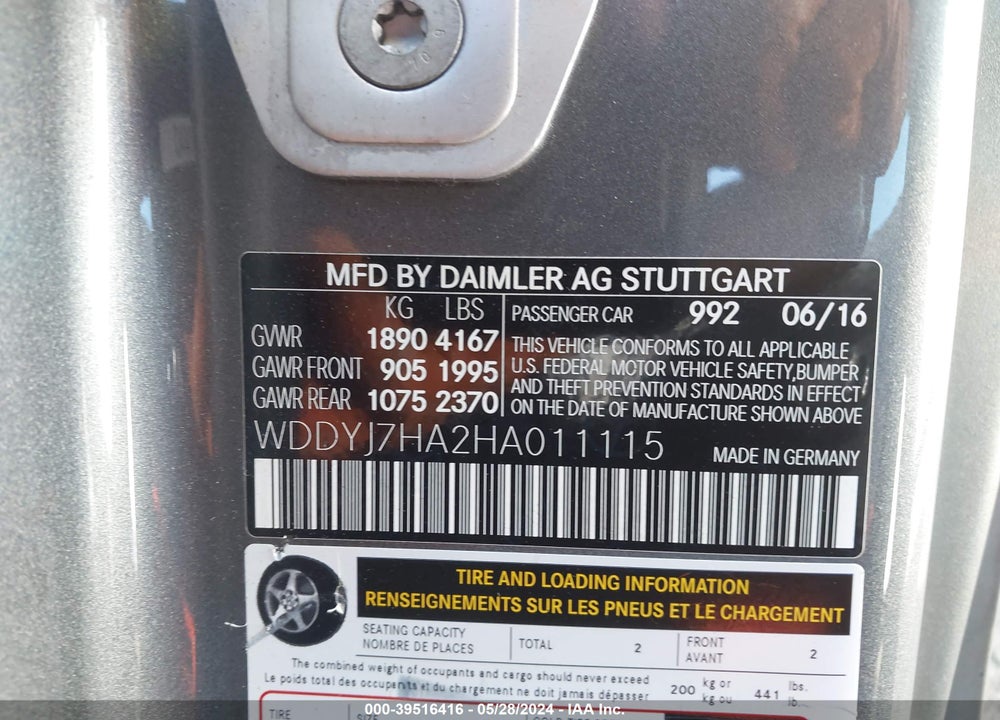 2017 MERCEDES-BENZ AMG GT VIN: WDDYJ7HA2HA011115