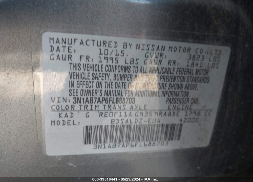 2015 NISSAN SENTRA SV VIN: 3N1AB7AP6FL688703