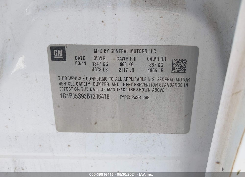 2011 CHEVROLET CRUZE ECO VIN: 1G1PJ5S93B7216478