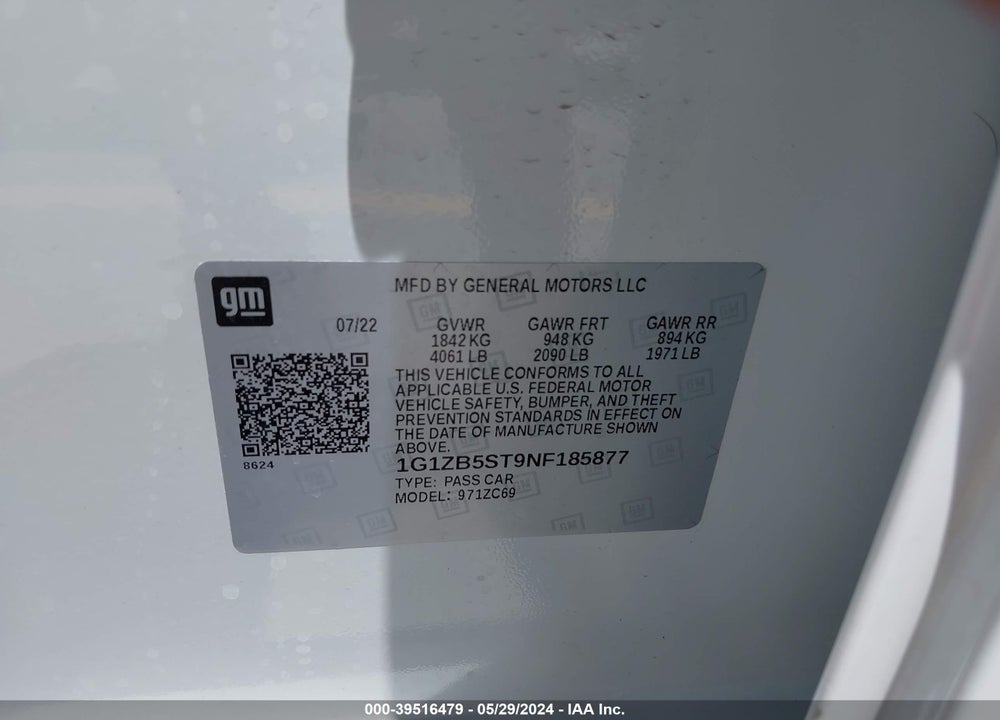 2022 CHEVROLET MALIBU FWD LS VIN: 1G1ZB5ST9NF185877