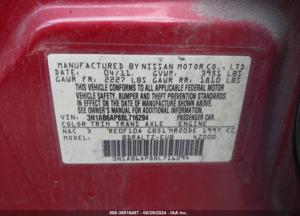 2011 NISSAN SENTRA 2.0S VIN: 3N1AB6AP8BL716294