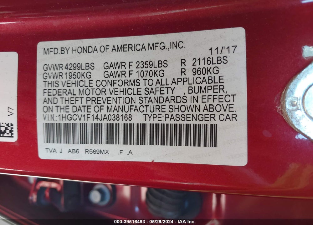 2018 HONDA ACCORD LX VIN: 1HGCV1F14JA038168