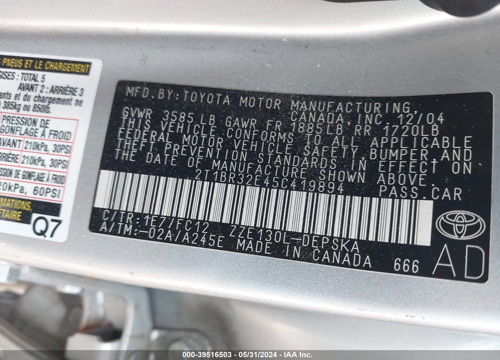 2005 TOYOTA COROLLA S VIN: 2T1BR32E45C419894