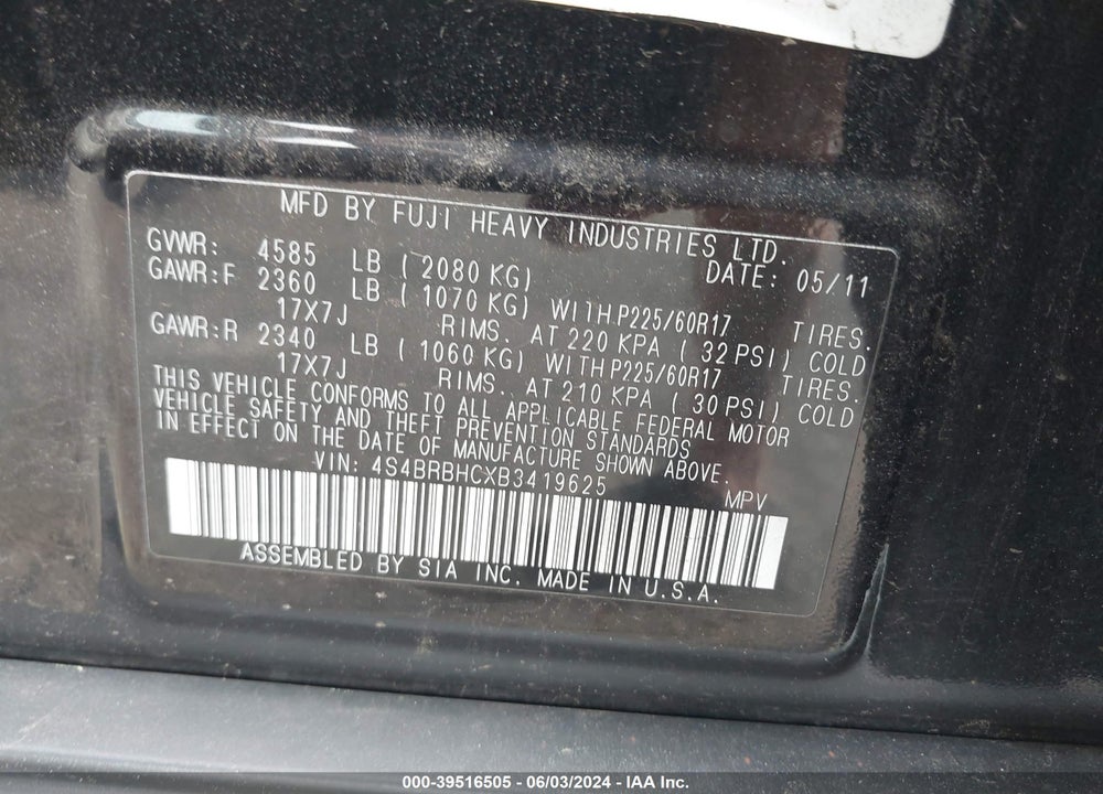 2011 SUBARU OUTBACK 2.5I PREMIUM VIN: 4S4BRBHCXB3419625