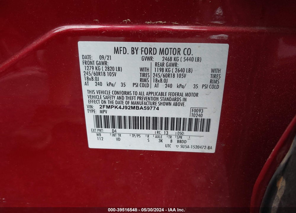 2021 FORD EDGE SEL VIN: 2FMPK4J92MBA59774