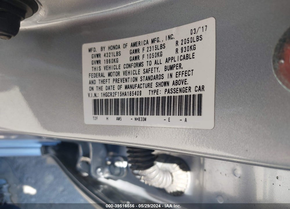 2017 HONDA ACCORD SPORT SE VIN: 1HGCR2F15HA185409
