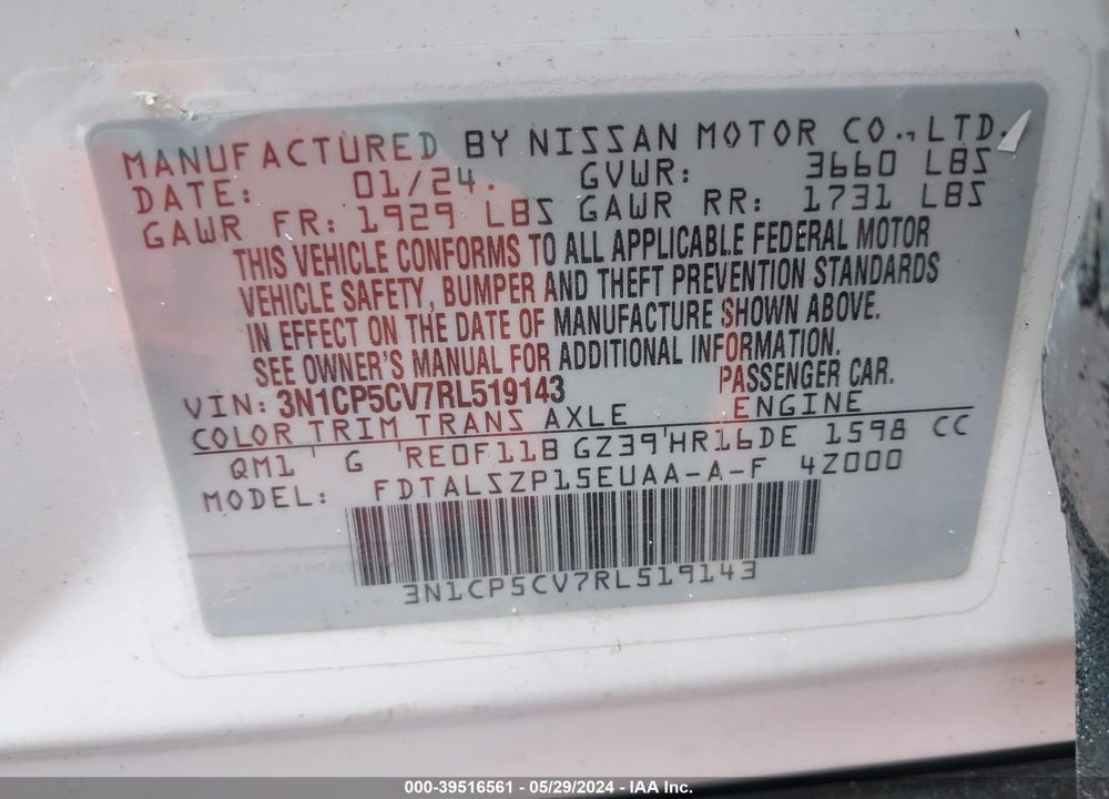 2024 NISSAN KICKS SV XTRONIC CVT VIN: 3N1CP5CV7RL519143